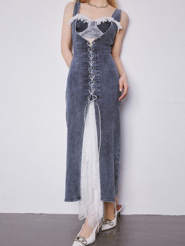 Lace Splicing Lace Tie Slim Split Denim Long Skirt