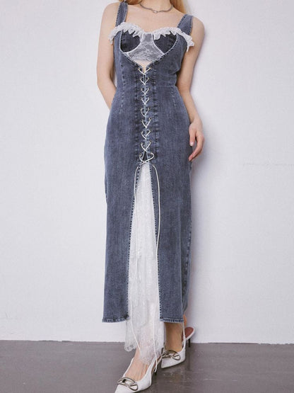 Lace Splicing Lace Tie Slim Split Denim Long Skirt