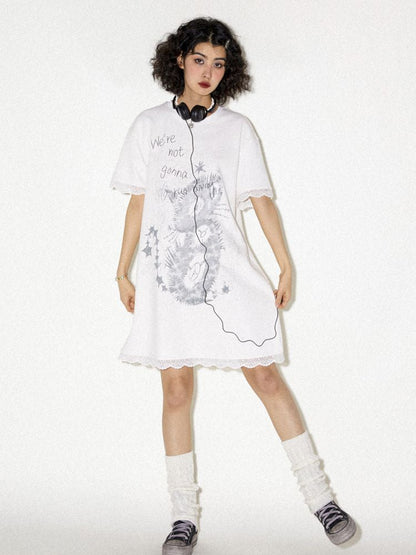 Lace Splicing Printed T-Shirt Dress