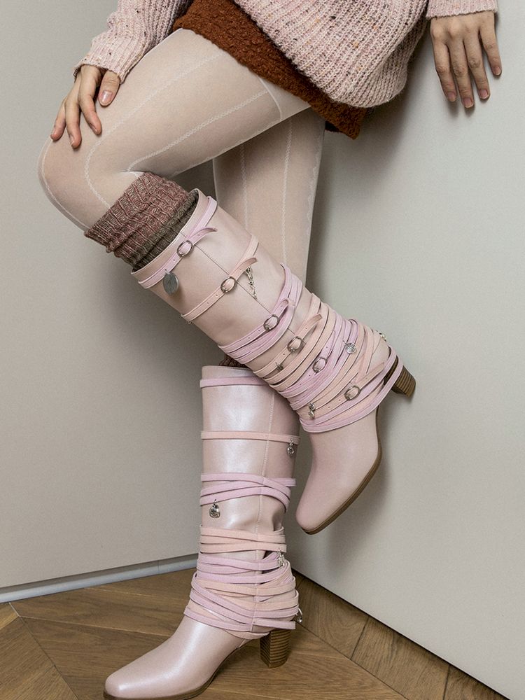 Ancient Coin Pink Stacked Lace-Up Boots