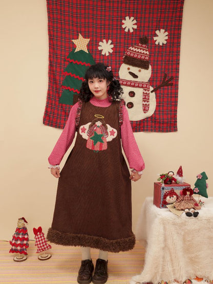 Cherub Color Plaid Appliqué Corduroy Vest Dress