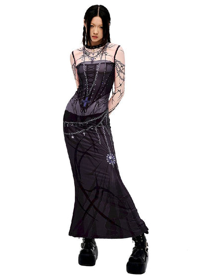 Witch Print Long Sleeve Fishtail Dress