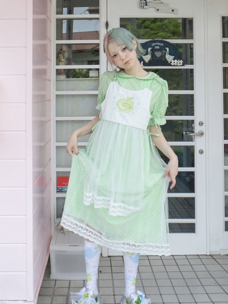 Doll Neck Green Polka Dot Cute Girls Dress