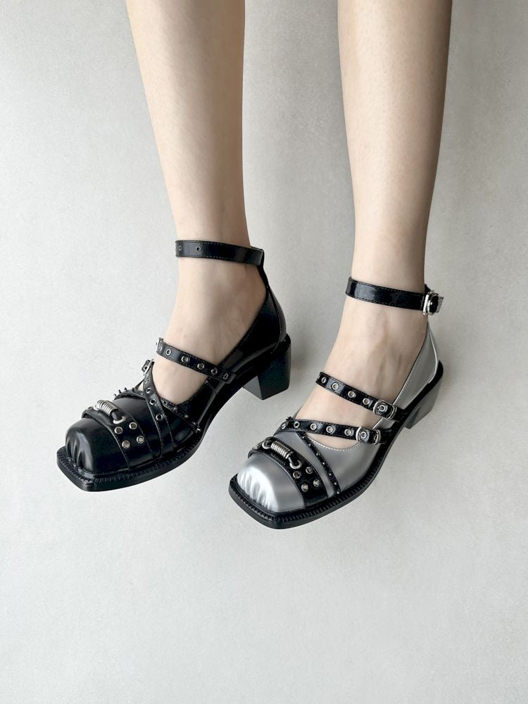 Silver Punk Pig Nose Square Toe Studded Mary Jane Single Shoes