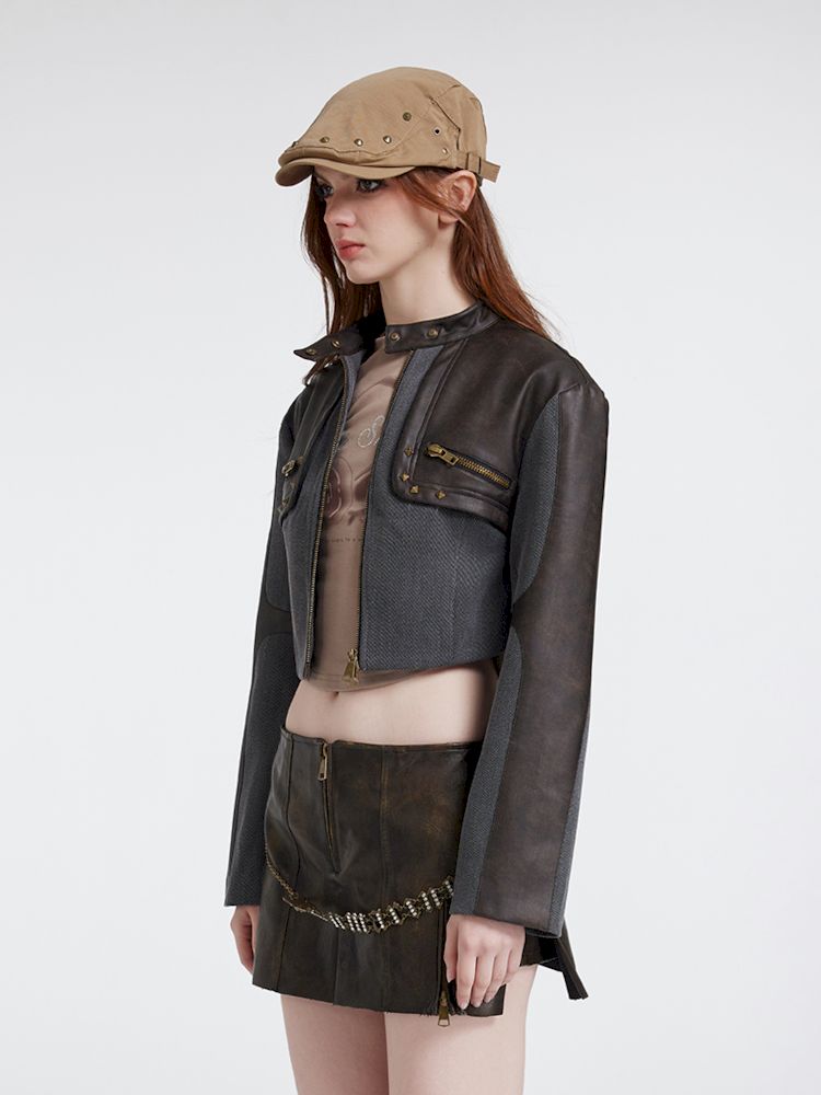 Knit splicing leather biker jacket