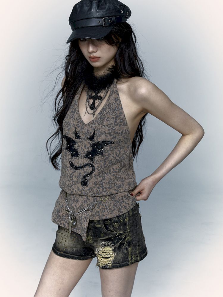 Embroidered Leopard Print Hanging Neck Vest Camisole