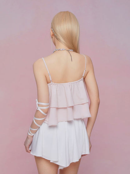 Bow Double Pleated Irregular Ruffle Camisole