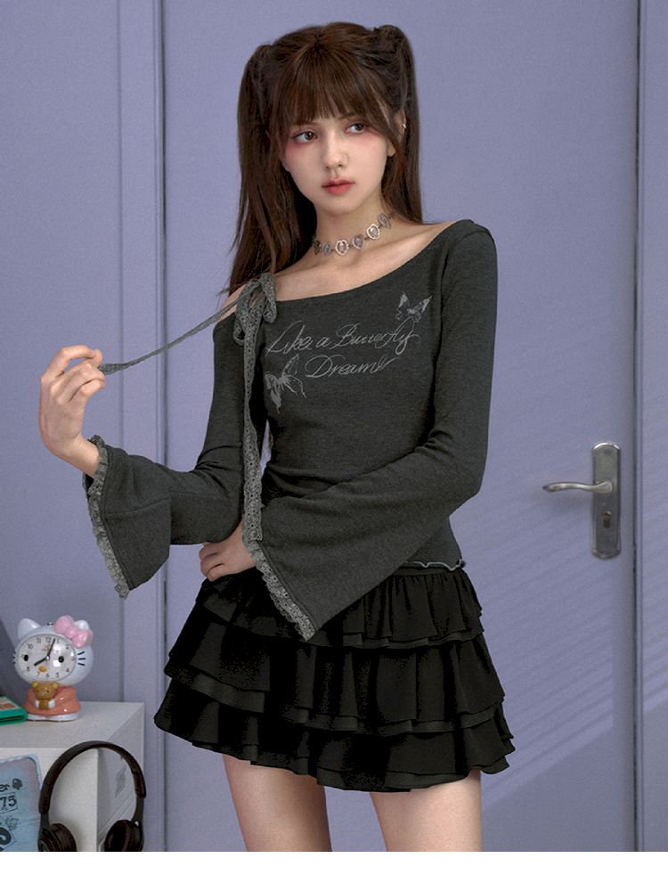 Bow strapless long-sleeved T-shirt