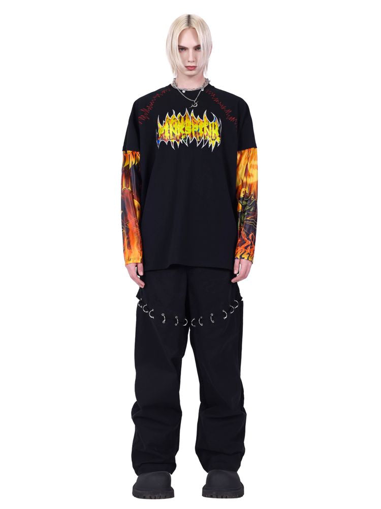 Flame Cat Concept Genderless Loose Street Patchwork Sleeve T