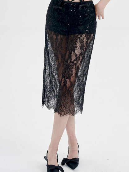 Black Lace Camisole + Low Waist Lace Half Skirt Set