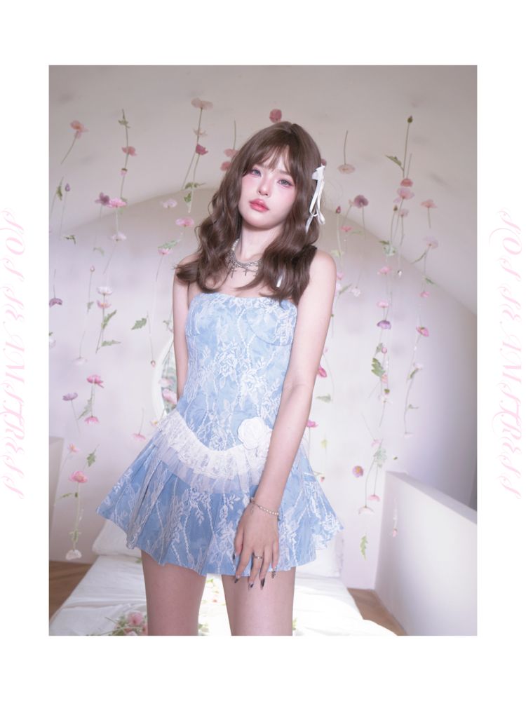 Denim Composite Lace Sheath Pleated Dress