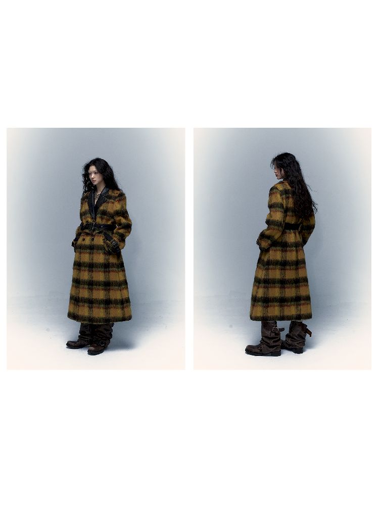 Reversible plaid patchwork leather trench coat