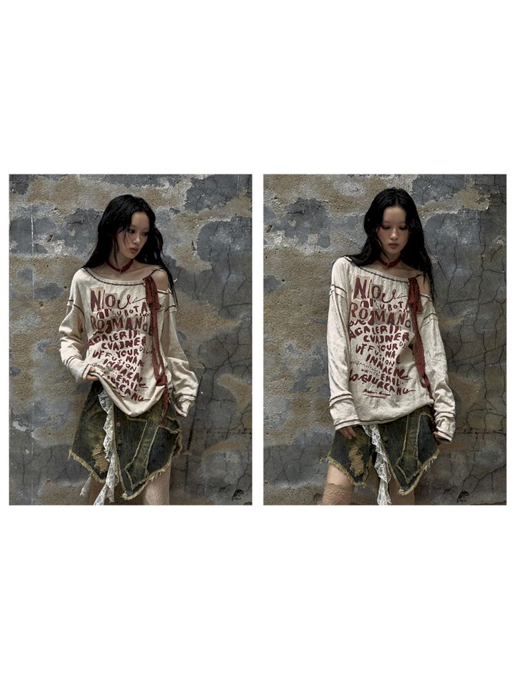 Lace Printed Loose Top Long Sleeve T-Shirt