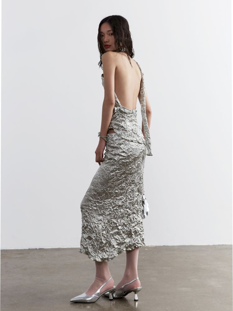 Metallic Satin Crinkle Textured Two-Piece Dress