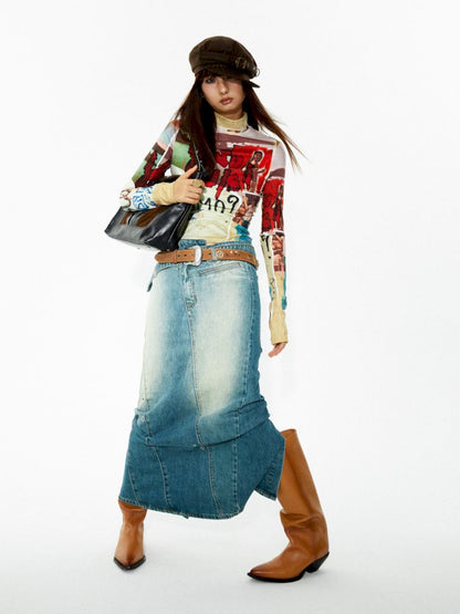 Washed denim slimming straight long half skirt