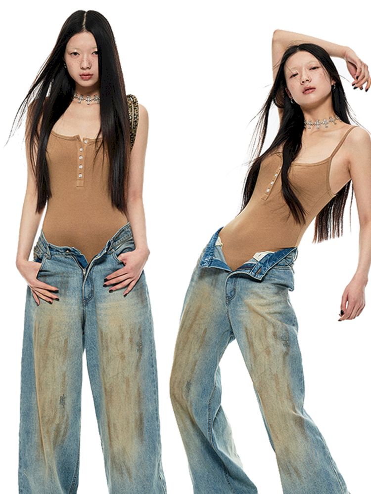 Light blue washed yellow clay-dyed wide-leg jeans