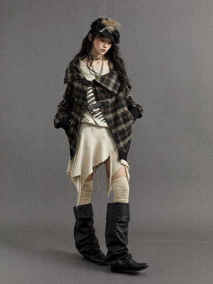 Loose plaid asymmetrical sweater jacket