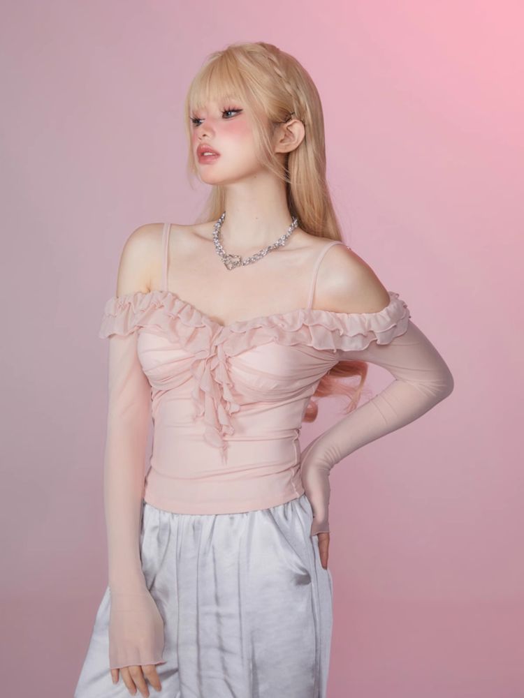 Pink Mesh Strapless Long Sleeve Ruffle Top