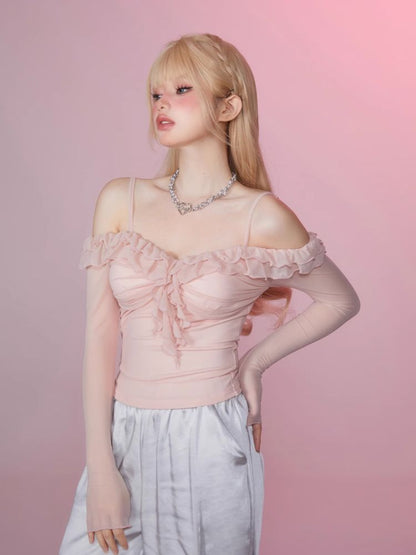 Pink Mesh Strapless Long Sleeve Ruffle Top