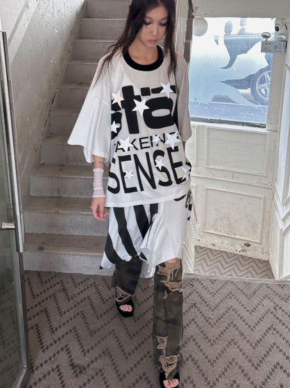 Cropped Oversize Baseball Short Sleeve Wide Shoulder T-Shirt