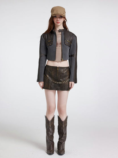 Knit splicing leather biker jacket