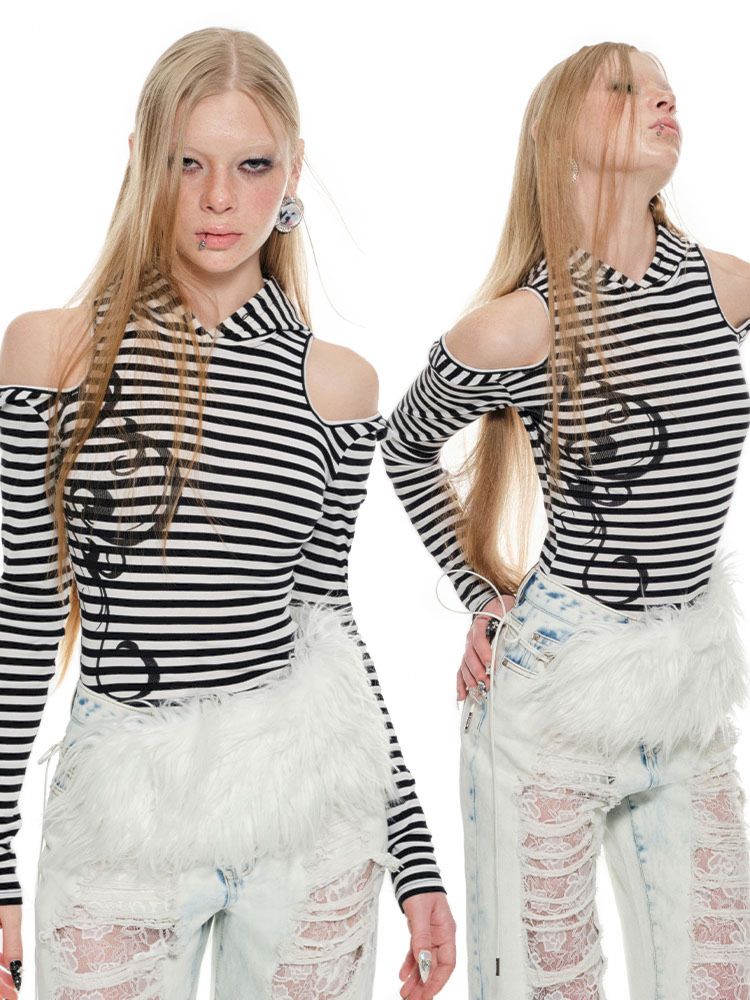 Striped Cat Ears Hooded Bottom Shirt