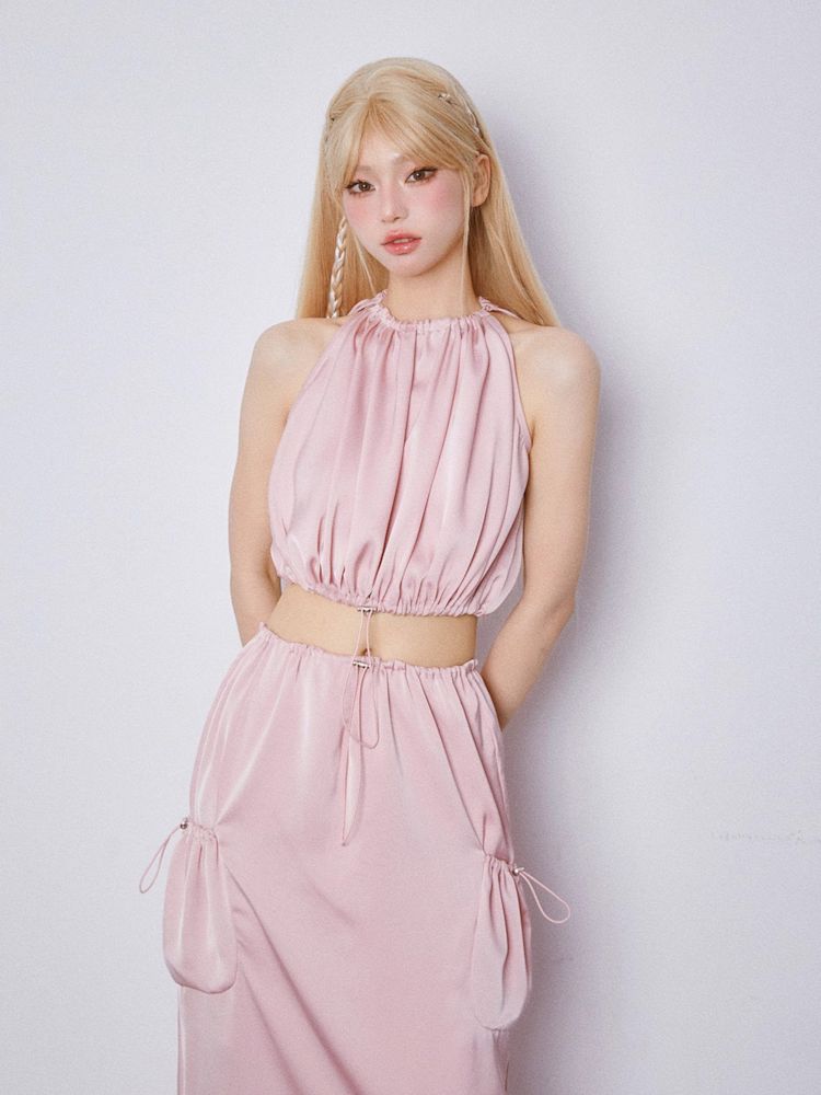 Drawstring Sleeveless Top and Half Skirt Set