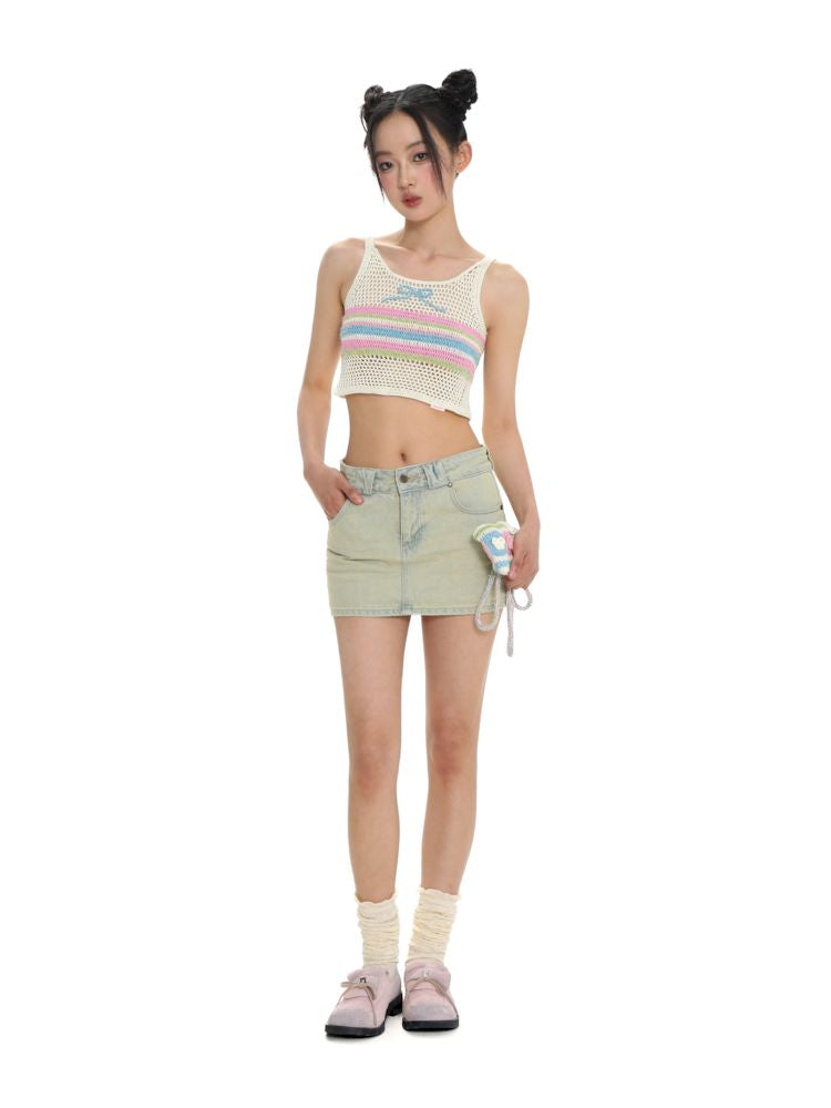 Cutout collision color striped bow tank top