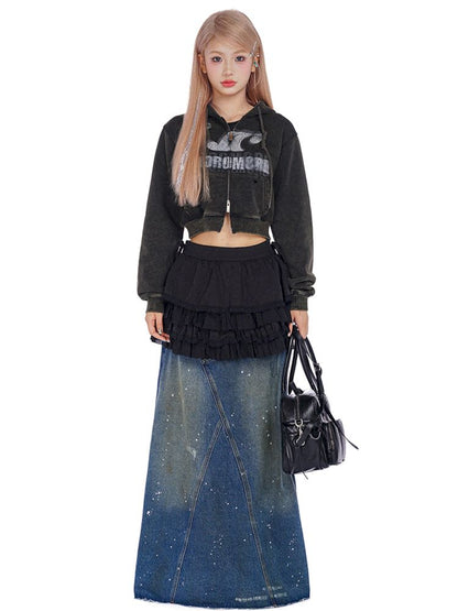 Washed splash ink flinging point spray denim bustier skirt