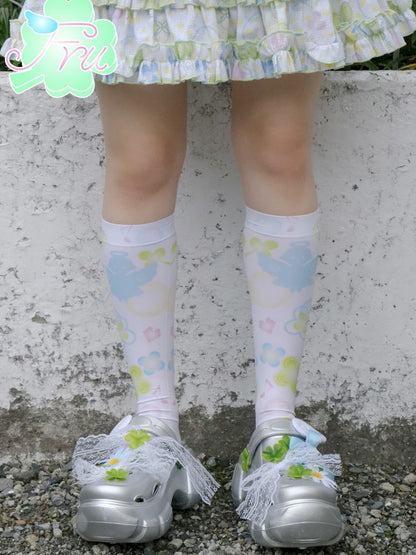 Angel Print White Mid Calf Socks