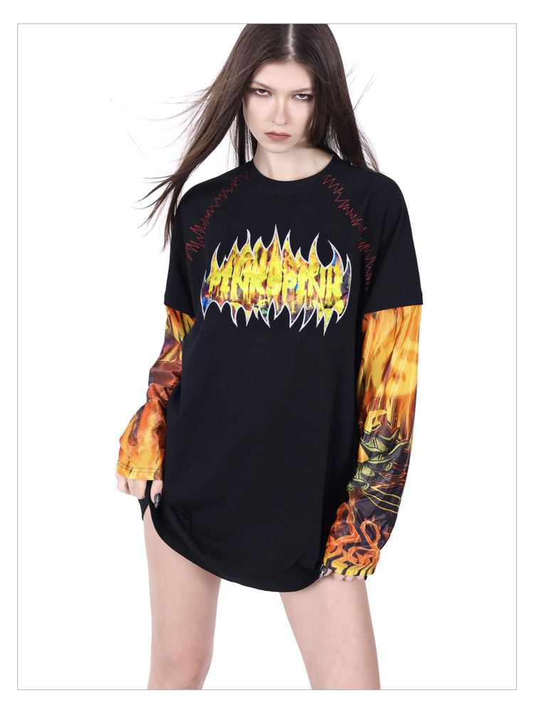 Flame Cat Concept Genderless Loose Street Patchwork Sleeve T