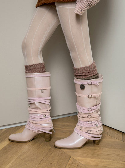 Ancient Coin Pink Stacked Lace-Up Boots