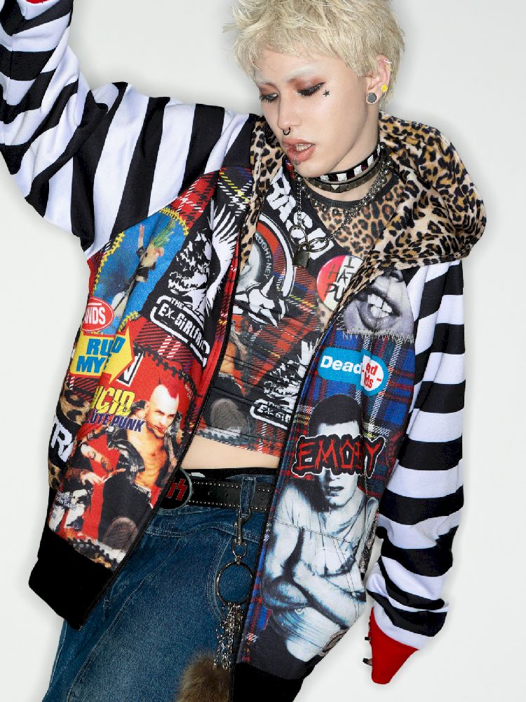 American punk leopard print Zipper Sweatshirt Jacket