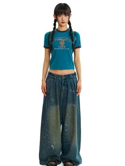 Baggy dragging wide leg denim trousers