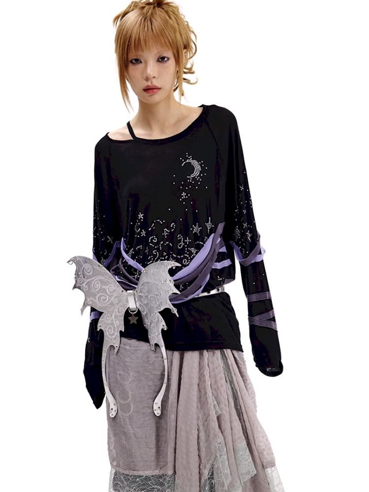 Starry Night Rhinestone Long Sleeve T-Shirt