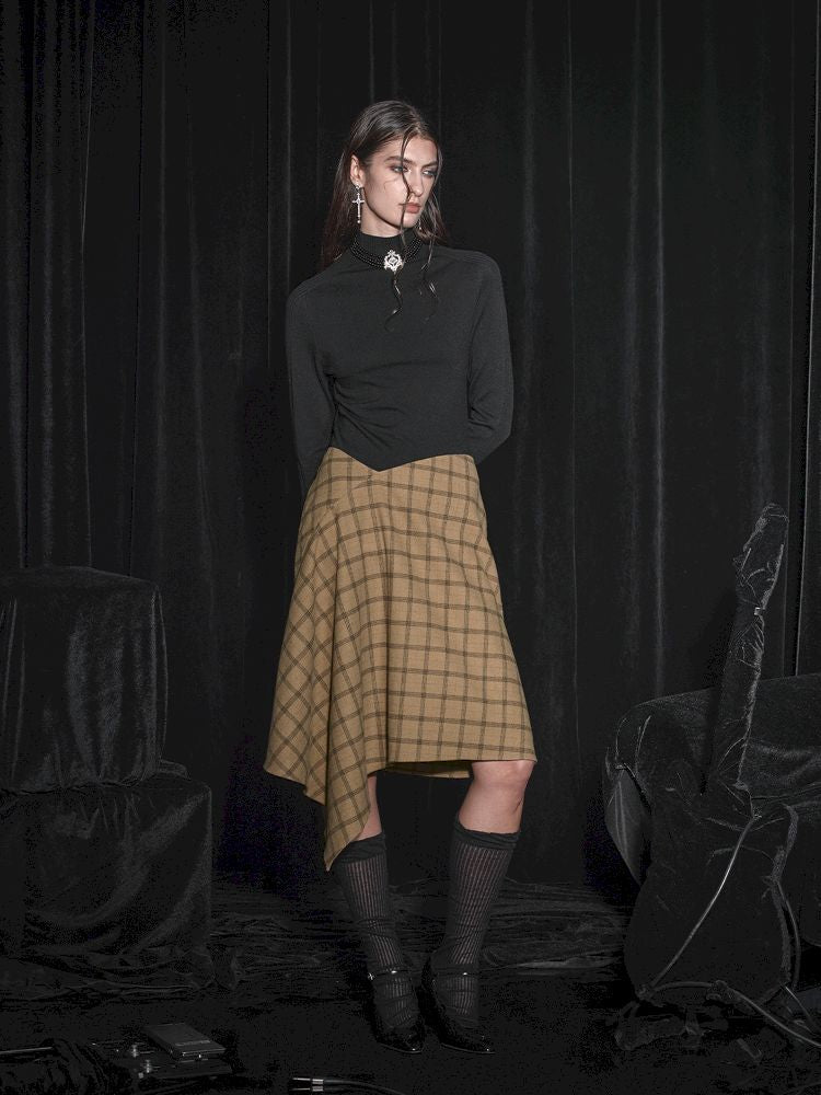 Half Tweed Draped Elegant Plaid Skirt