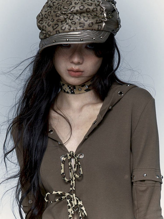 Punk Leopard Print Splicing Rivets Beret