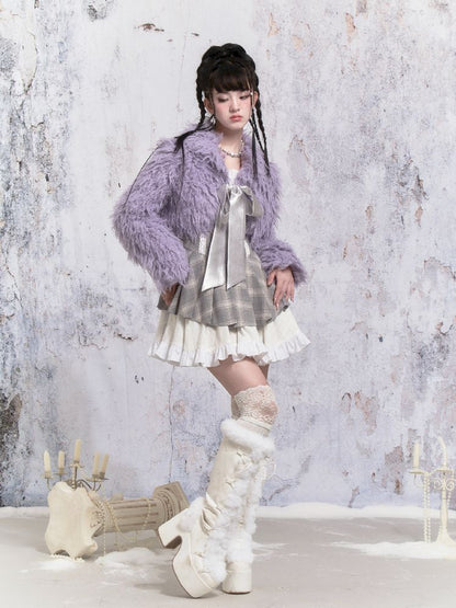 Purple Fox Fur Bow Shoulder Jacket