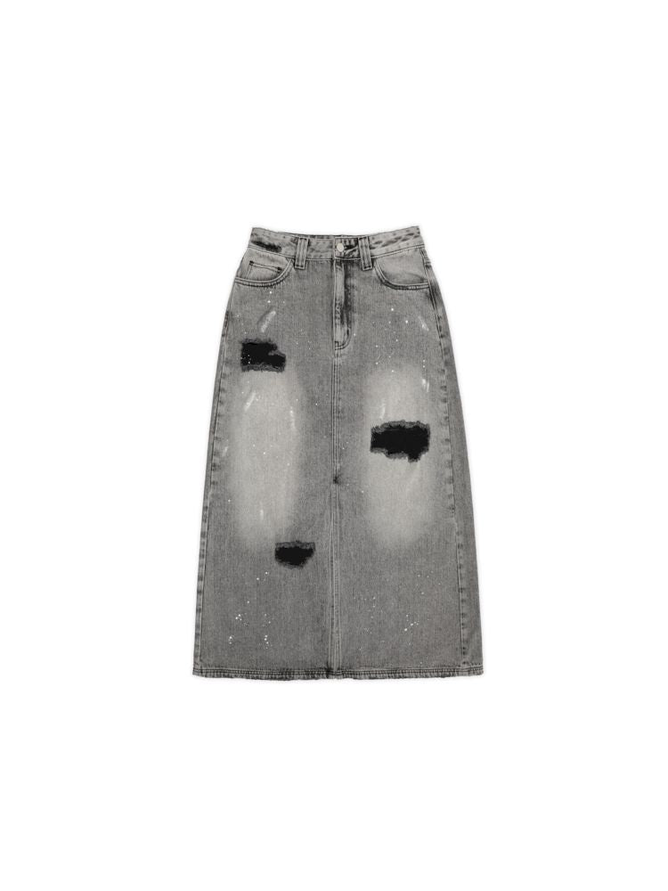 Multiple holes denim long skirt