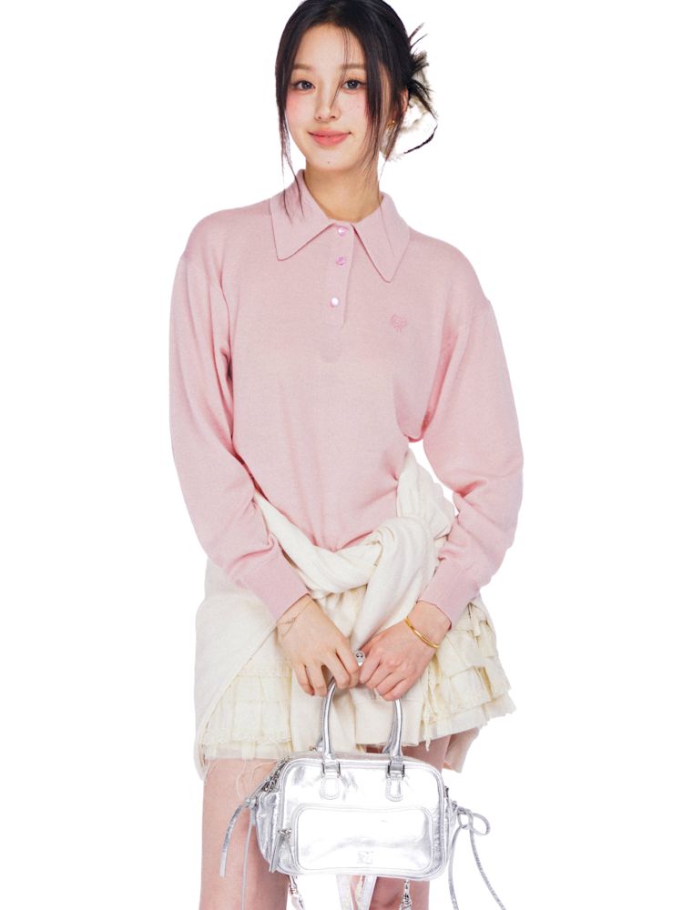 Polo collar long-sleeved jumper