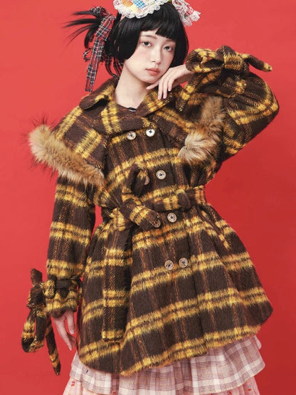 Yellow Plaid Tweed Thick Coat