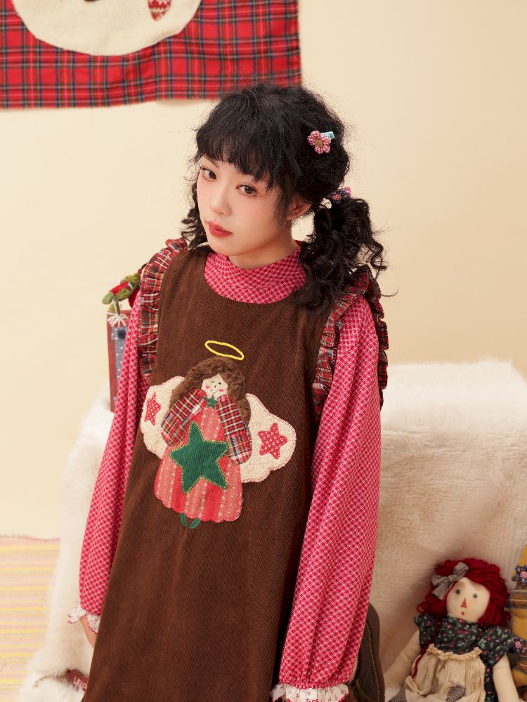 Cherub Color Plaid Appliqué Corduroy Vest Dress