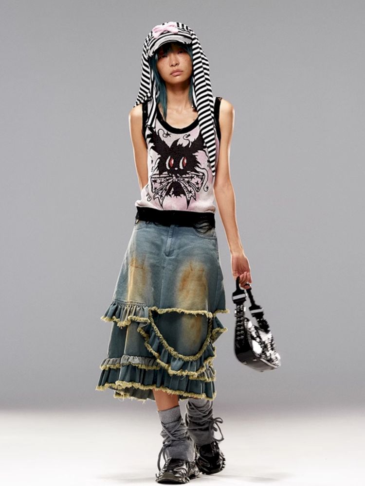 Raw Edge Mud Dye Denim Skirt