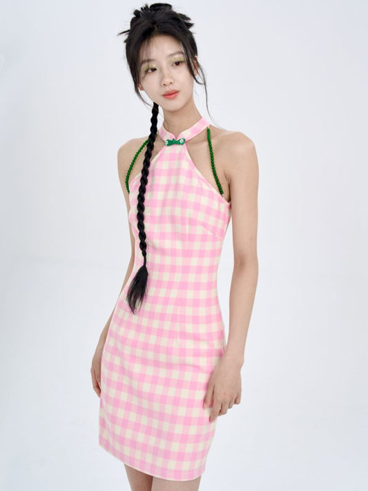 Pink Check Slim Short Dress