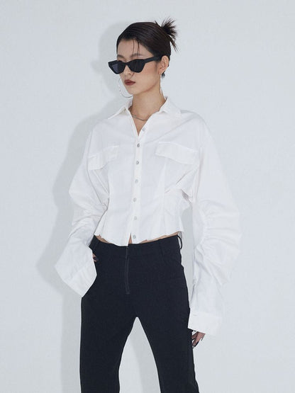 Pinch Pleated Curved Sleeve Short Shirt