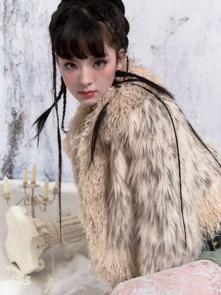 Beige Stripe Patchwork Fox Fur Coat