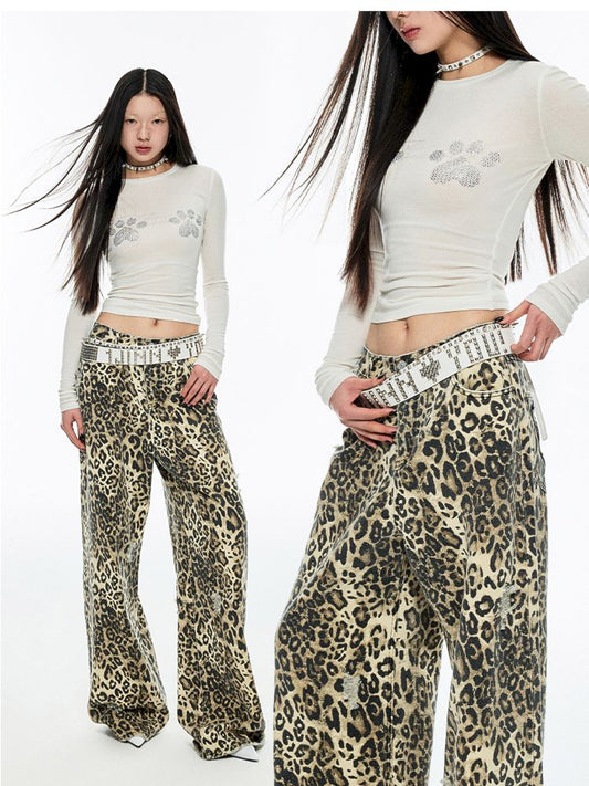 Leopard Print Canvas Wide Leg Pants