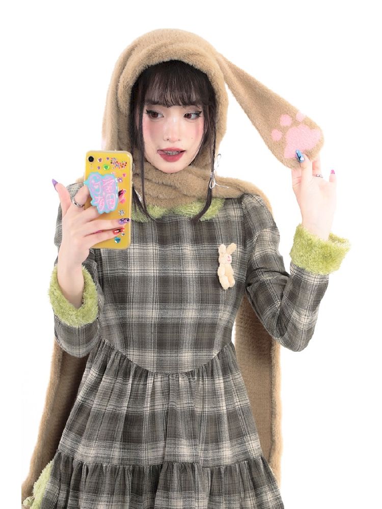 Bunny Doll Green Brown Plaid Petal Dress