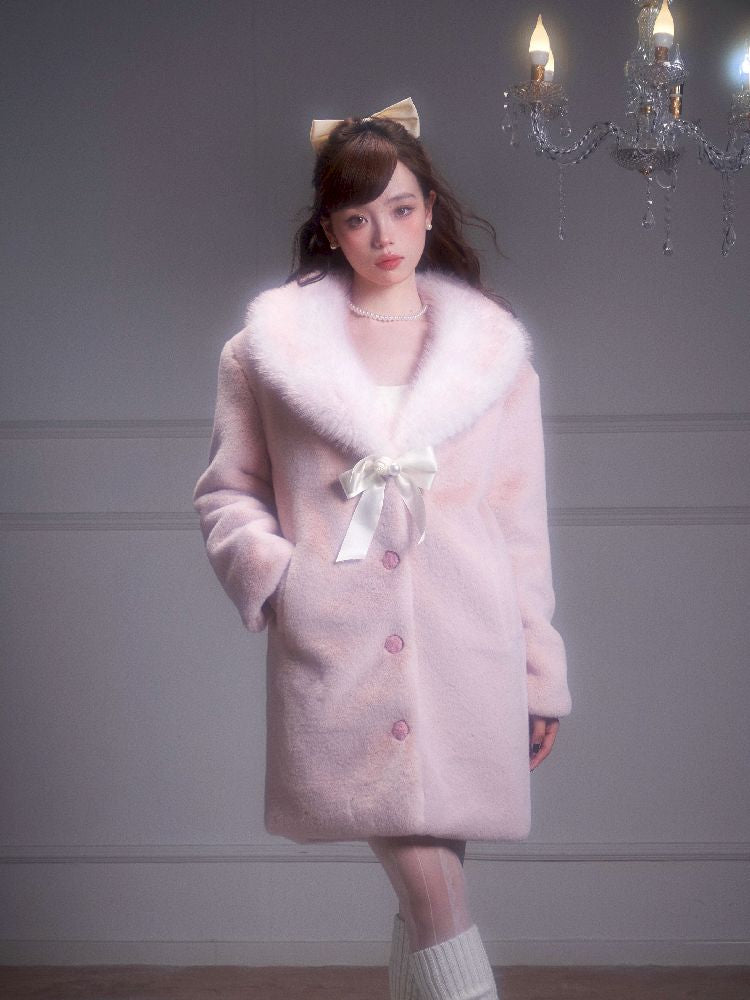 Pink Gradient Fur Collar Fur Coat