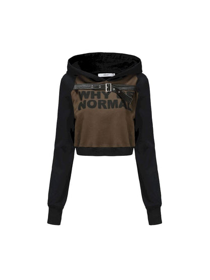 High Waist Design Short Black Hooded Sweatshirt